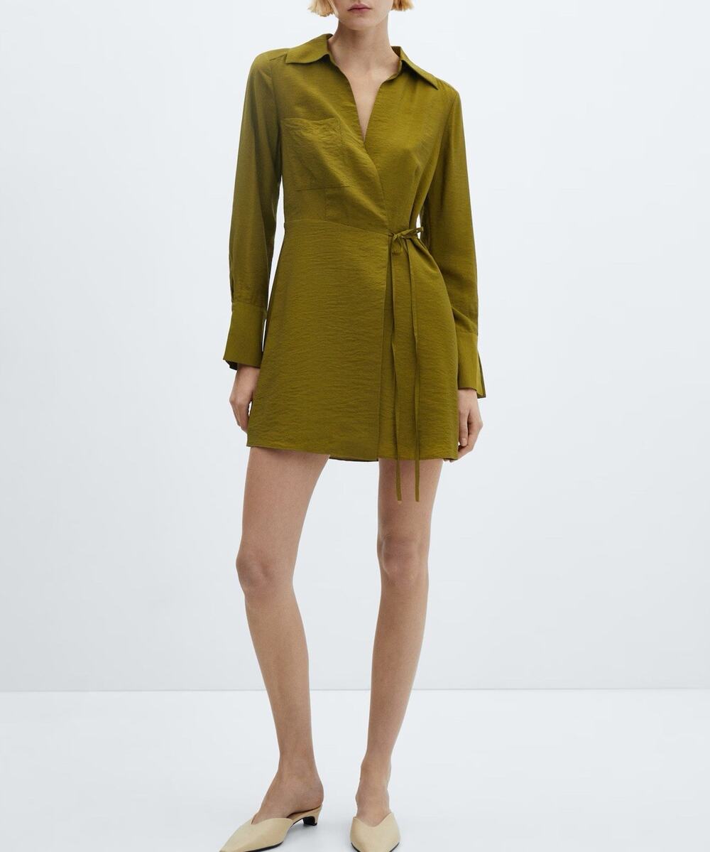 NWT MANGO MNG Vane Silky Collared Mini Wrap Long Sleeve Olive Dress M 6